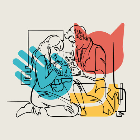 Two Veterinarians, Man and Woman, Examining a Cat, continuous lineのイラスト素材