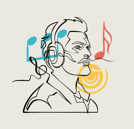 Man with Headphones Listening to Music in Profile View, continuous lineのイラスト素材