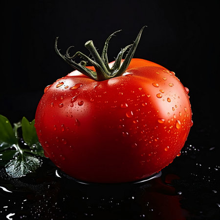 Photo Realistic Image of a Red Tomato with Droplets AI Generatedの素材