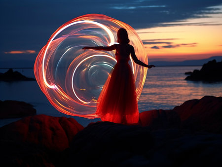 Spiral Light Trail Created by Woman with Hoop on Shore AI Generatedの素材