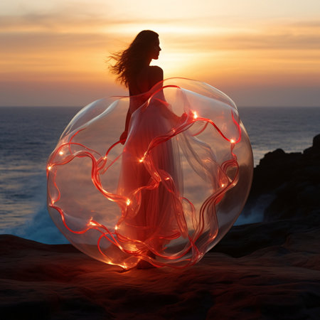 Spiral Light Trail Created by Woman with Hoop on Shore AI Generatedの素材