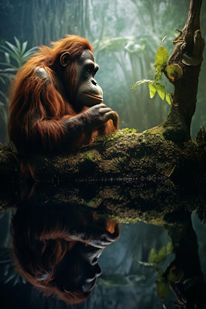 Reflection of an Orangutan and a Tree Branch in the Water AI Generatedの素材