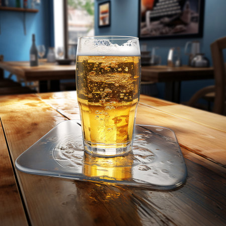 Beer Glass with Water Drops on a Wooden Table - AI Generatedの素材