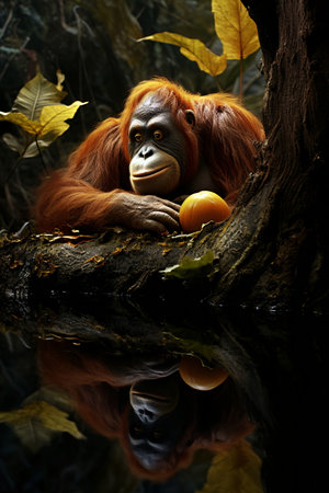 Reflection of an Orangutan and a Tree Branch in the Water AI Generatedの素材