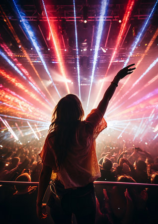 Young woman dancing in front of a colorful stage lights during a live concertの素材