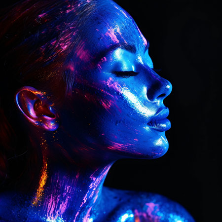 Dark Matter Art of a Woman with Blue and Purple Glow AI Generatedの素材