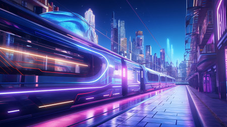 City Street with a Maglev (Magnetic Levitation) Train on style of Sci-fi Holographic Gradients Cityscape, AI Generatedの素材