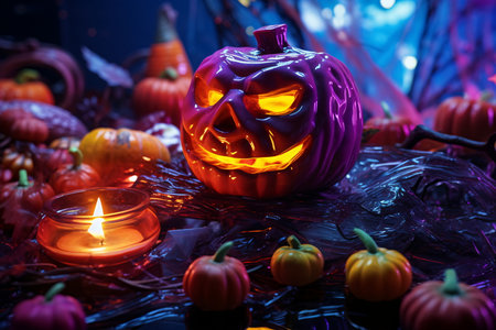 Halloween Still Life with Pumpkins, Gourds, and Candle - AI Generatedの素材