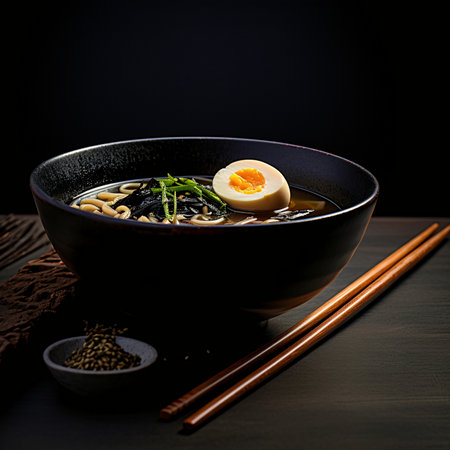 Ramen Noodles with Egg, Onion, and Seaweed in a Black Bowl - AI Generatedの素材