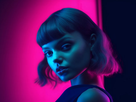 Fashion portrait of young beautiful woman in colorful neon light. Studio shot.の素材