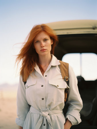 Woman Traveler with Red Hair and Backpack in a Desert, Classic Film Camera, AI Generatedの素材