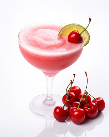 Frozen Pink Cocktail with Cherry and Lime Garnish - AI Generatedの素材