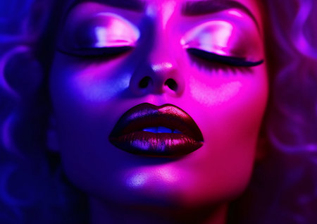 Woman Face Macro Skin Details and Color Contrast in Neon Dreams of Violet Light - AI Generatedの素材