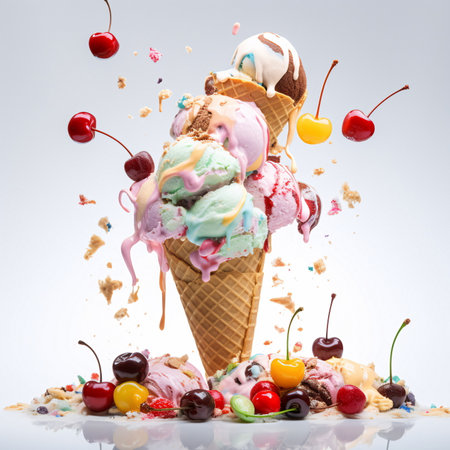 Melting Ice Cream with Cherries, Gummy Bears, and Sprinkles AI Generatedの素材