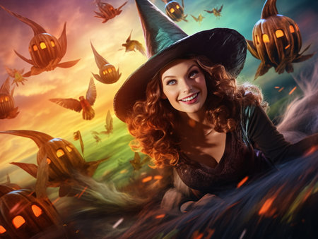 Halloween Mood: Witch in the Clouds AI Generatedの素材