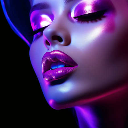 Woman Face Macro Skin Details and Color Contrast in Neon Dreams of Violet Light - AI Generatedの素材