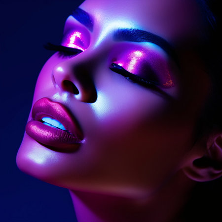 Woman Face Macro Skin Details and Color Contrast in Neon Dreams of Violet Light - AI Generatedの素材