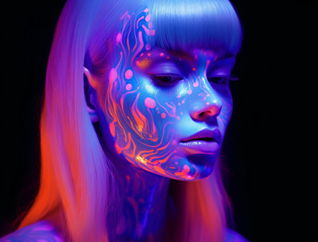 Portrait of a beautiful girl with blue hair and neon makeup.の素材