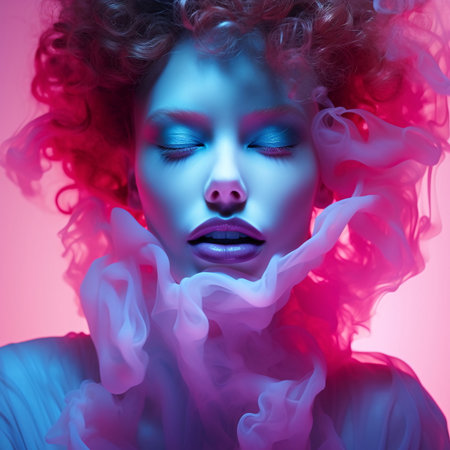 Neon-Infused Digitalism: Woman with Bioluminescent Paint and Lips - AI Generatedの素材
