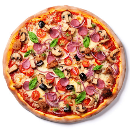 Delicious pizza with onion, mushroom, olive, tomato, sausage, and basil AI Generatedの素材