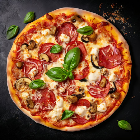 Delicious pizza with onion, mushroom, olive, tomato, sausage, and basil AI Generatedの素材