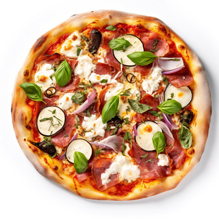 Delicious pizza with onion, mushroom, olive, tomato, sausage, and basil AI Generatedの素材