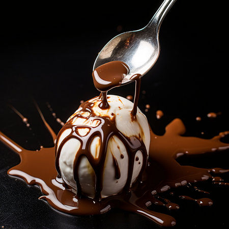 Delicious Dessert of Ice Cream Drizzled with Chocolate Macro AI Generatedの素材