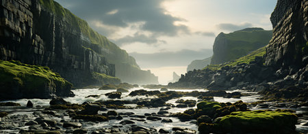 Rocky cliffs and rough water under a dramatic sky AI Generatedの素材