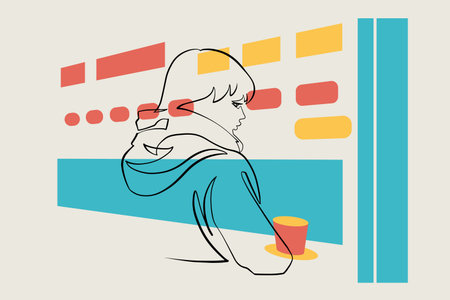 Minimalist Drawing of a Woman near Cafe Window with Evening City View, Continuous Lineのイラスト素材