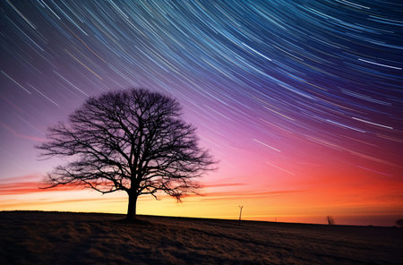 Night sky with star trail over a bare tree in a field - AI Generatedの素材