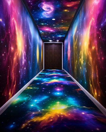Galaxy print hallway leading to a dark brown door - AI Generatedの素材