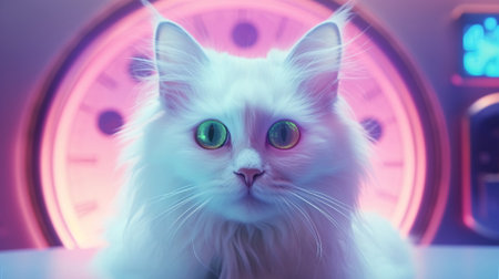 White cat with green eyes against time symbol - lock face, AI Generatedの素材