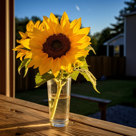 Golden Sunflower in Glass Vase on Wooden Railing - AI Generatedの素材