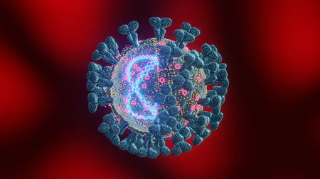 3D Rendering of Virus Particle with Blue Spikesの素材