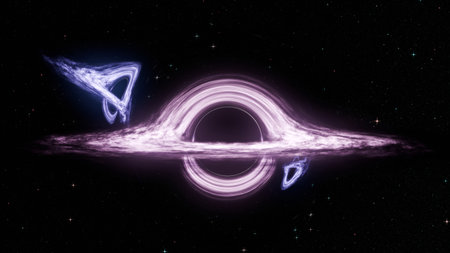 Gravitational Lensing by Two Black Holes in Space - 3D Renderingの写真素材