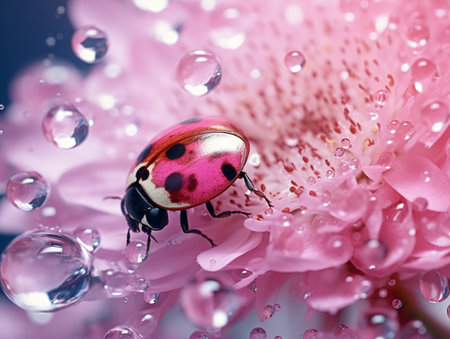 Close-up of two ladybugs interacting on a pink flower - AI Generatedの素材