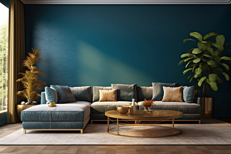Blue and Gold Living Room with Sofa, Coffee Table and Plant - AI Generatedの素材