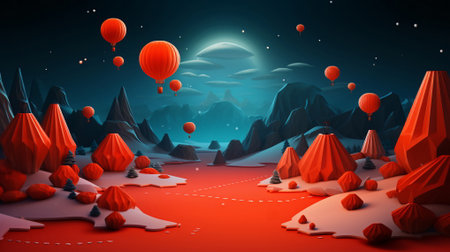 Dreamlike Scenery of Sharp Red Peaks and Colorful Balloons - AI Generatedの素材