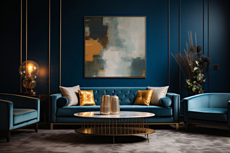 Blue and Gold Living Room with Sofa and Abstract Painting, Coffee Table and Plant - AI Generatedの素材