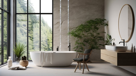 Freestanding Bathtub in Concrete Bathroom with Window - AI Generatedの素材