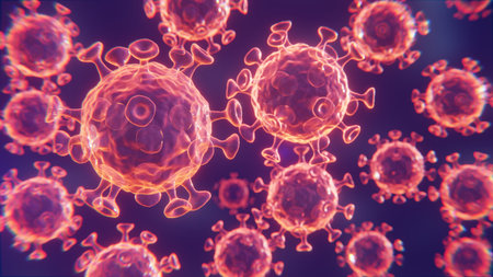 Virus Particles Floating on Purple Background, 3D renderingの写真素材