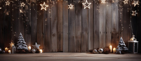 Wooden Wall with Christmas Decorations and Lights - AI Generatedの素材