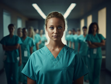 Blue-Green Scrub Suit Wearing Person in Hospital Setting, AI Generatedの素材