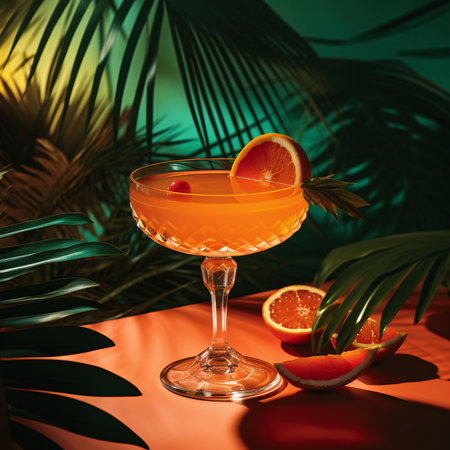 Orange Cocktail with Ice Cubes and Palm Tree Background, AI Generatedの素材