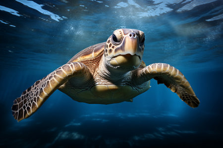 Close-up of Striped Sea Turtle in Deep Blue Sea, AI Generatedの素材