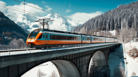 Landscape of Train Crossing Bridge in Mountainous Region, AI Generatedの素材