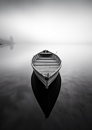 Black and White Photo of a Wooden Boat on a Foggy Lake, AI Generatedの素材