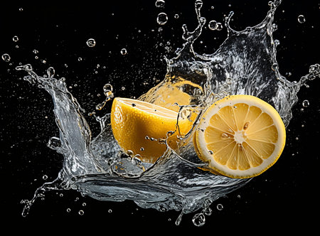 High Contrast Image of Yellow Lemons in Black Water, AI Generatedの素材