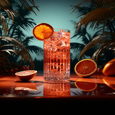 Tropical Drink with Ice and Orange Slice on Gradient Background, AI Generatedの素材