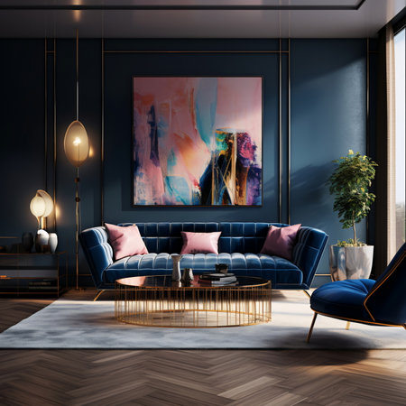 Holographic gradients foil gloss in a spacious living room with a luxurious corner lounge AI Generatedの素材